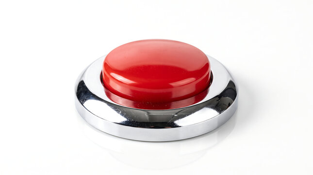 A shiny red metallic push button isolated on a high-key studio background for user interface design