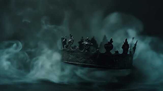 Ornate Regal Crown Shrouded in Eerie Smoke on a Dark, Mysterious Background - Concept of Power and Royalty