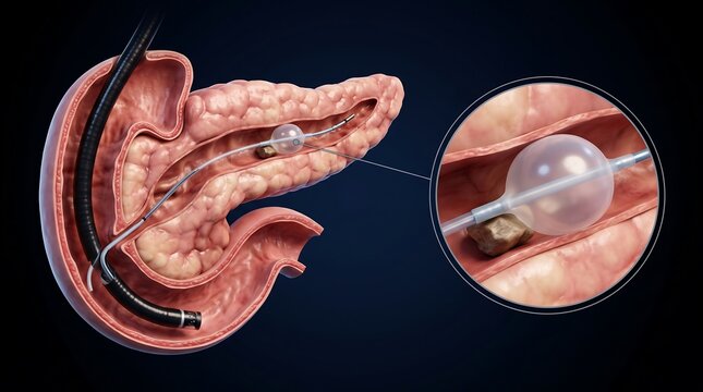 Medical illustration of endoscopic procedure to remove a gallstone from the bile duct using a balloon catheter.