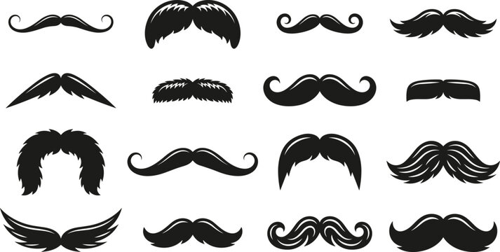 Collection of various black mustache silhouettes isolated on a white background, for barber shop