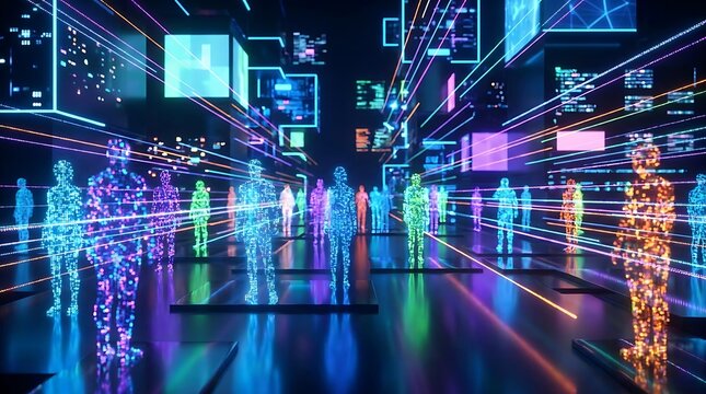 Digital human silhouettes standing in a virtual network space with glowing light streaks and