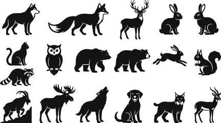 Obraz premium Comprehensive collection of black silhouette featuring various forest and wild animals like wolves, bears, deer, owls, cats, and rabbits on a white background