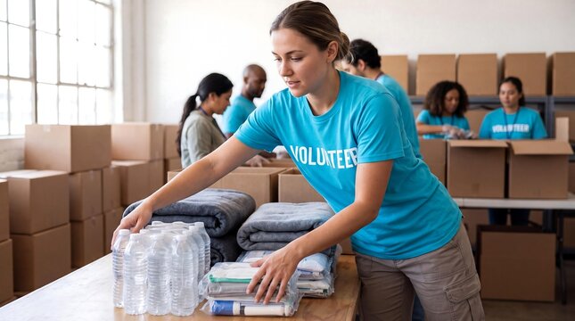 Dedicated volunteers organize essential supplies like bottled water, blankets, and hygiene kits in a warehouse for community distribution and relief efforts.
