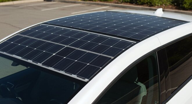 Solar panels are integrated into the roof of a modern car to generate auxiliary electric power. Concept of solar-powered and sustainable automotive technology.