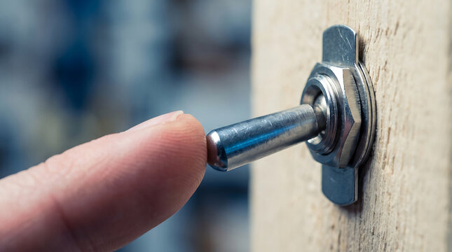 A human finger pressing a metallic toggle switch mounted on a wooden surface in a close-up view