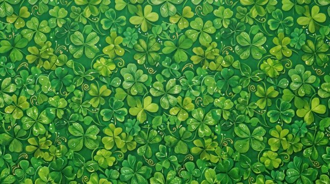 A dense pattern of vibrant green clover leaves covers the entire image. The leaves are intricately detailed with delicate veins and subtle shading, creating a realistic and textured effect.