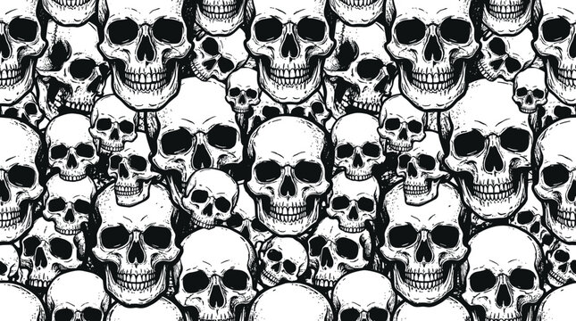 Seamless pattern featuring hand drawn human skulls in a dense black and white ink style