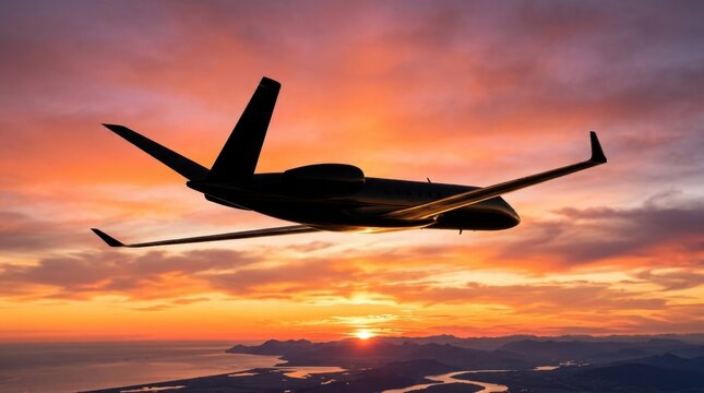 Futuristic aeroplane silhouette against golden hour sun