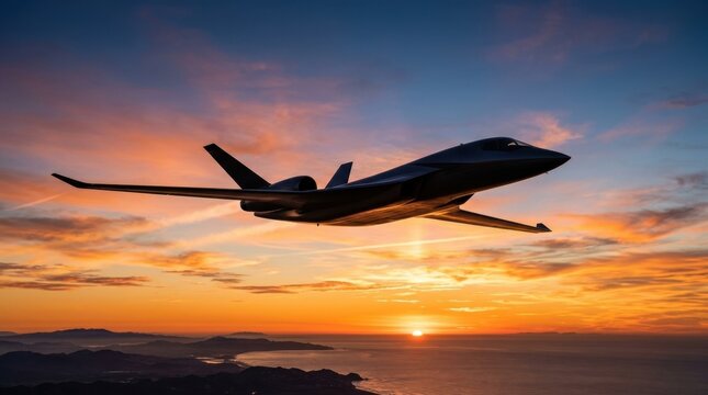 Futuristic aeroplane silhouette against golden hour sun