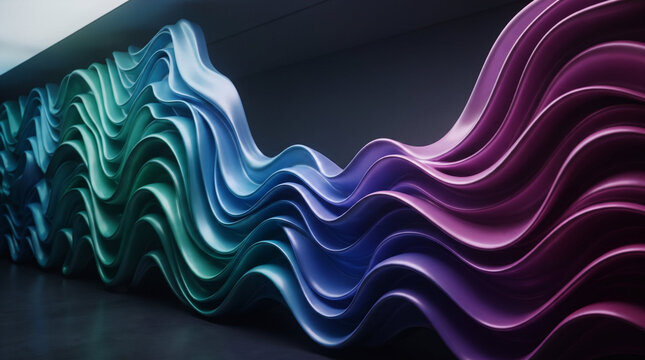 Wavy multi colored plastic paneling on dark wall for modern interior design.