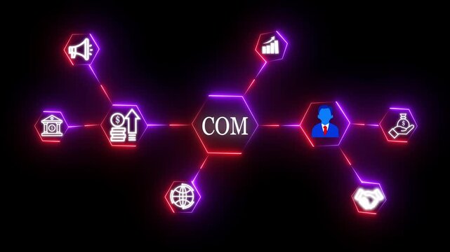 Neon Business Finance Network with   COM in center Growth, Investment and Partnership Icons . on black background  animation.