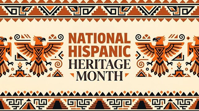National Hispanic Heritage Month Banner with Traditional Aztec Mayan Geometric Patterns and Eagles