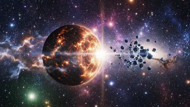 Cinematic deep space exoplanet collision background, fiery alien planet with asteroid belt explosion, cosmic space science fiction scene