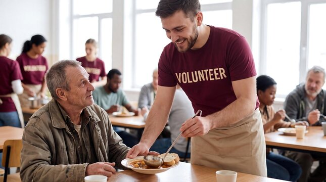 A smiling male volunteer serves a warm meal to an elderly man at a busy community soup kitchen, with other people dining and volunteering in the background.