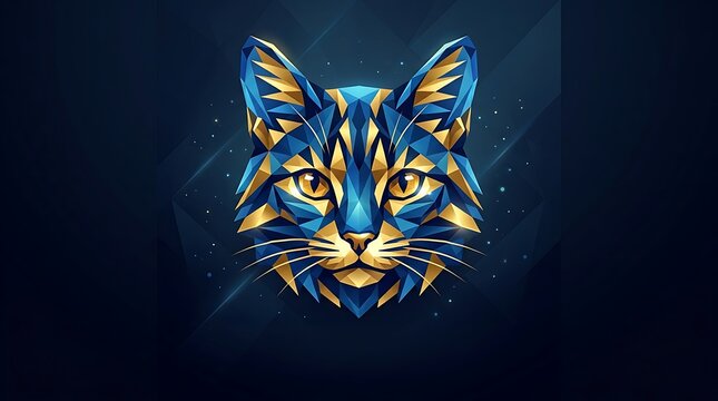 Geometric low poly cat head portrait with blue and gold triangular facets on dark background