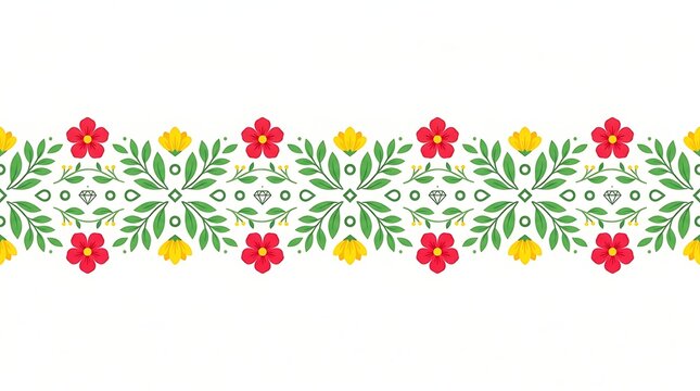 Decorative folk art floral seamless border with blooming red and yellow flowers and green leaves