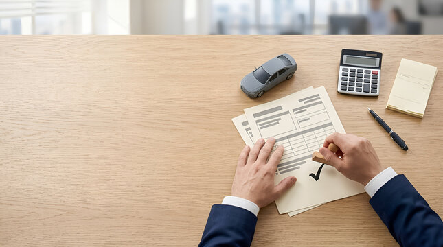 Insurance Agent Stamping Car Loan Approval Document on Wooden Desk with Toy Car and Calculator
