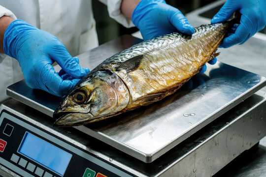 Worker in blue gloves weighs large smoked mackerel on digital scale. Industrial seafood processing plant staff checks weight of fish fillet. Professional food factory employee handles fresh atlantic