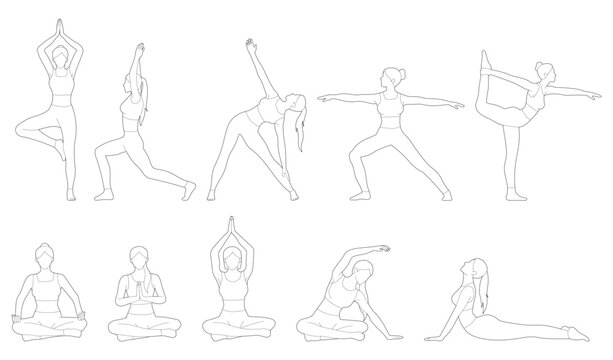 Clean female yoga pose line art drawing set displaying various stretching, balance and seated meditation postures for wellness CAD presentation.