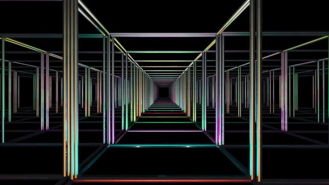 Racing Down an Endless Corridor Lined with Multicolor Glowing Columns