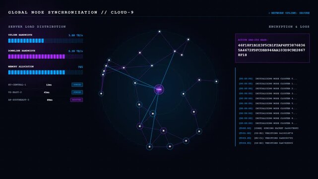 High-tech corporate UI dashboard visualizing cloud data synchronization, server loads, and a dynamic orbital network mesh with connecting nodes.