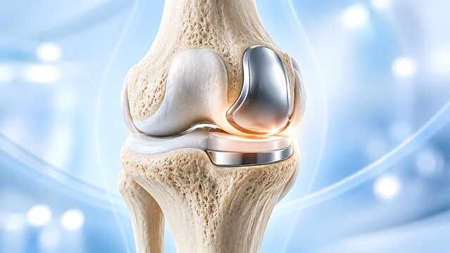 3D illustration of a human knee joint replacement with titanium metal implants and plastic parts for orthopedic surgery