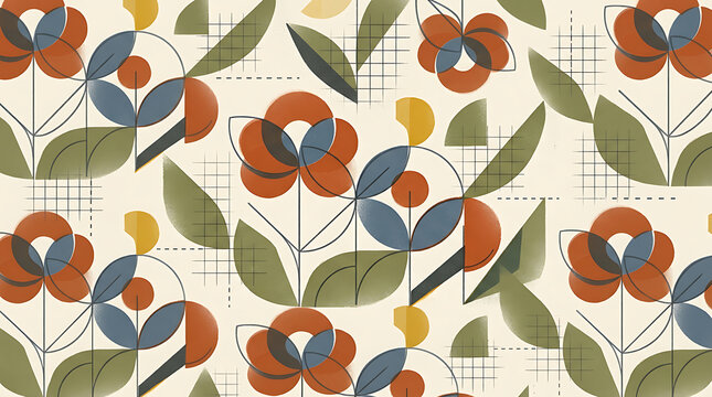 Stencil flowers pattern with geometric leaves and grid elements