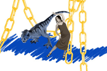 Contemporary art banner collage of serious girl stand captive prison trap chain predator dinosaur rex monster fear jurassic era © deagreez