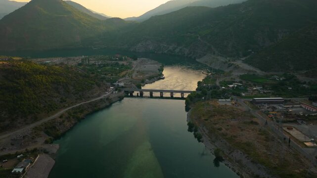 Drini River Bridge in Mountain Valley at Sunset