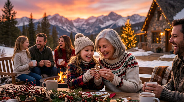 A multi-generational family enjoys warm hot chocolate and gingerbread cookies by a cozy outdoor fire pit during winter.