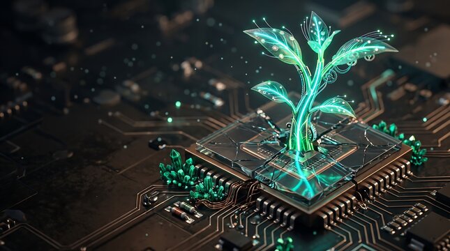 Glowing digital plant sprout growing from a computer processor chip
