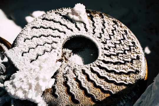 View of a frost-covered circular metal millstone with intricate wavy patterns at Golyam Kademliya Shelter, Stara Zagora, Bulgaria.
