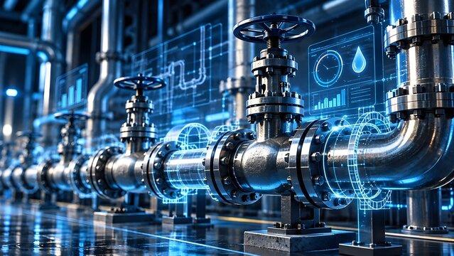 Advanced industrial pipeline network with heavy duty steel valves and a futuristic digital holographic control interface overlay