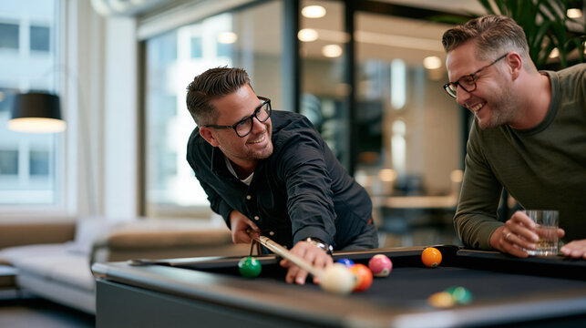Two adult coworkers play a friendly game of billiards on a compact pool table in a modern office lounge, one lining up a shot with the cue while the other waits with a drink in han