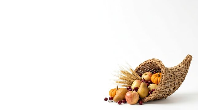 Traditional woven cornucopia horn of plenty filled with fresh autumn harvest fruits on a white background