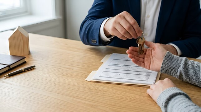 Real Estate Agent Handing House Keys to New Homeowner Across Desk

