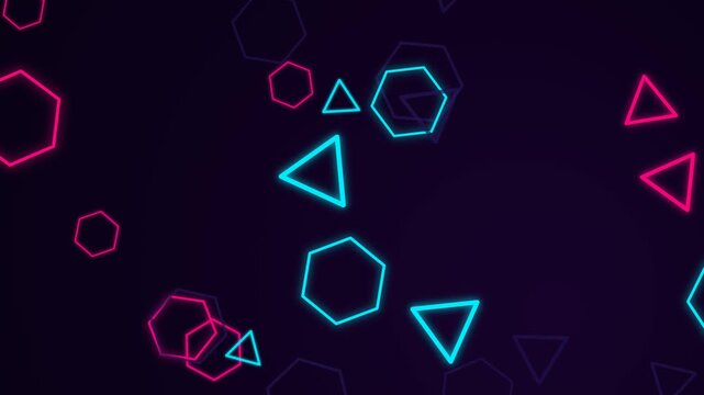 High quality 4K seamless looping abstract background featuring glowing outlined hexagons and triangles drifting and rotating diagonally over a dark cyberpunk violet background. Clean, minimal, and mod