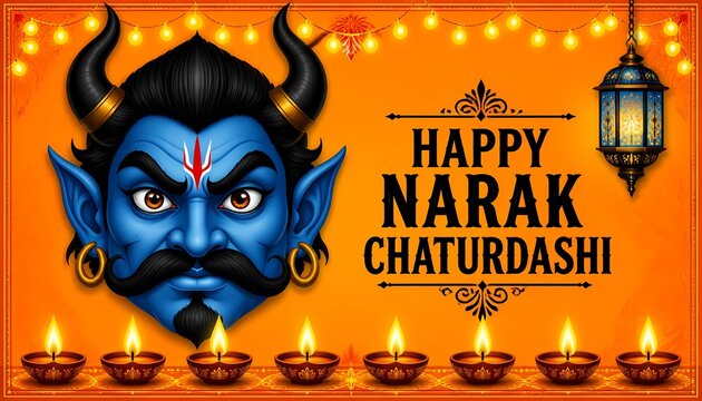 Happy Narak Chaturdashi banner with blue demon Narakasura face and burning diya lamps. 