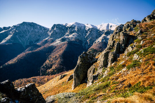 View of the rocky slopes and autumn landscape near Golyam Kademliya Shelter in the Balkan Mountains, Stara Zagora, Bulgaria.