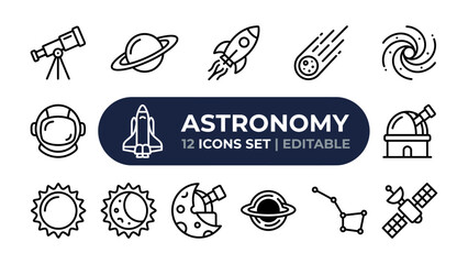 Fototapeta premium Astronomy Icons Set: A collection of 12 minimalist, black and white line art icons representing various astronomical objects and concepts.