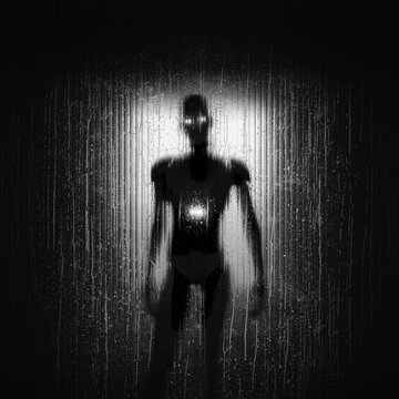 3D humanoid machine standing behind wet glass with glowing optical sensors