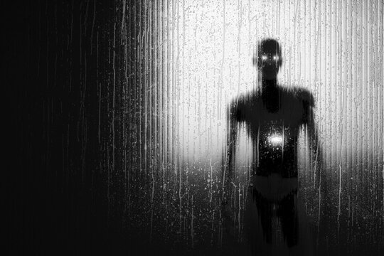 3D humanoid robot silhouette behind rain covered glass with glowing eyes and chest light