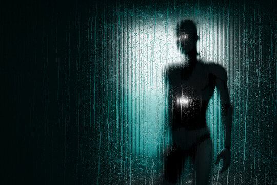 3D cybernetic robot behind rain streaked glass with teal backlight and dark copy space