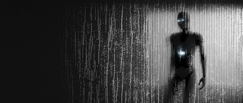 3D humanoid robot framed by rain covered glass with monochrome backlight and copy space