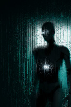 3D android portrait behind wet glass with cyan illumination and glowing artificial eyes