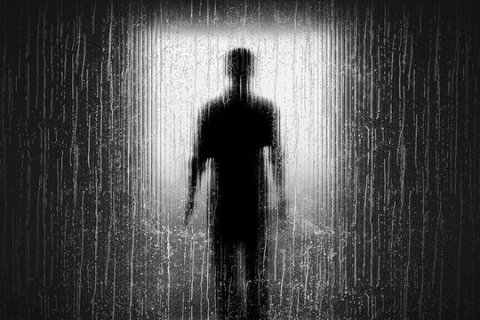 3D solitary human silhouette behind rain covered glass with strong backlight and isolation concept