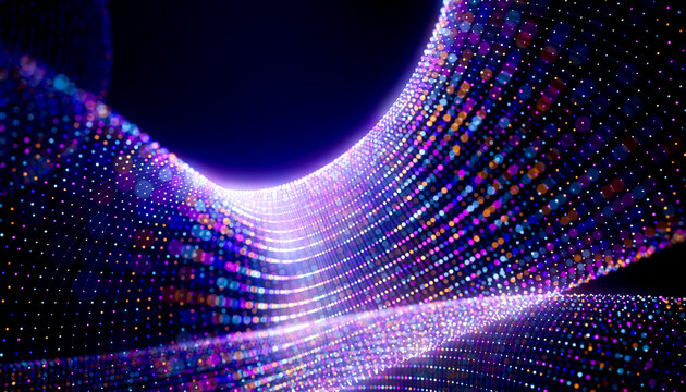3D luminous data bridge with curved particle mesh and multicolor digital light