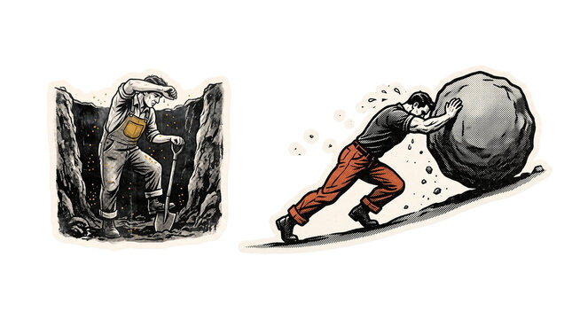 Hard working man digging a trench and pushing a heavy boulder uphill