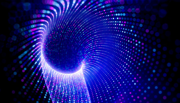 3D digital vortex background with curved particle matrix and electric blue light