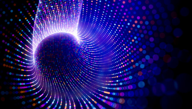 3D particle whirlpool background with concentric neon lines and glowing data core